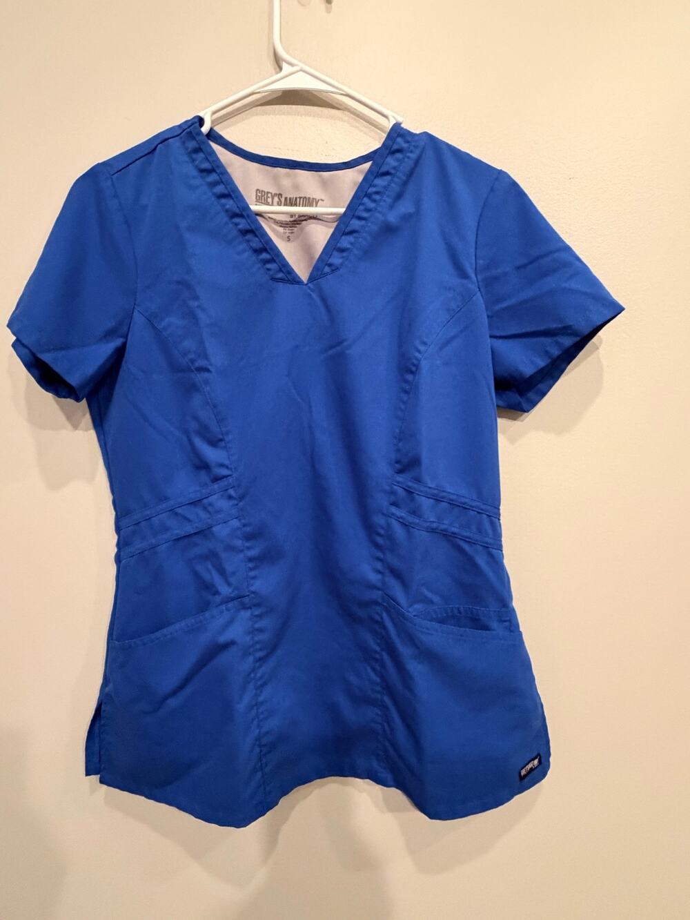 Grey's Anatomy Mock Wrap 3-Pocket Medical Scrub Top Royal Blue Small Flawed